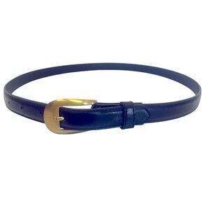 Vintage Dark Navy Blue Faux Leather Belt with Elegant Gold Buckle.